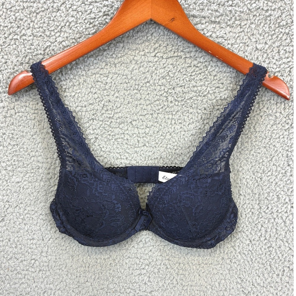 Etam Bra Lace Underwire Padded Womens 36B Navy Lingerie Intimates Push Up Sexy
